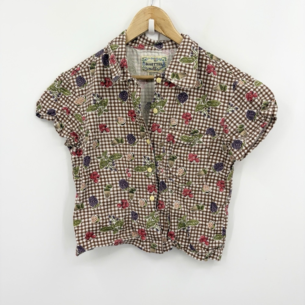 Vintage 90s Fruit Embroidered Novelty Print Top Medium Gingham Cottage Twee Crop